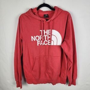 North Face Hoodie Mens Medium Red Spell Out Fleece Hooded Pullover Sweatshirt